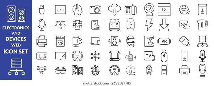 Ícones da Web de Eletrônicos e Dispositivos no estilo de linha. Computação, rede social, gerenciamento, internet, rede, programação, coleta de conexão com a Internet. Ilustração vetorial