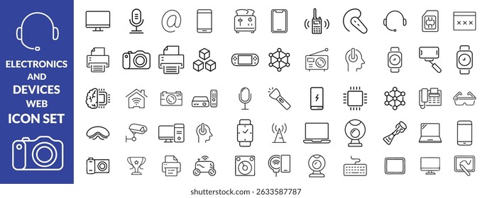 Ícones da Web de Eletrônicos e Dispositivos no estilo de linha. Computação, rede social, gerenciamento, internet, rede, programação, coleta de conexão com a Internet. Ilustração vetorial