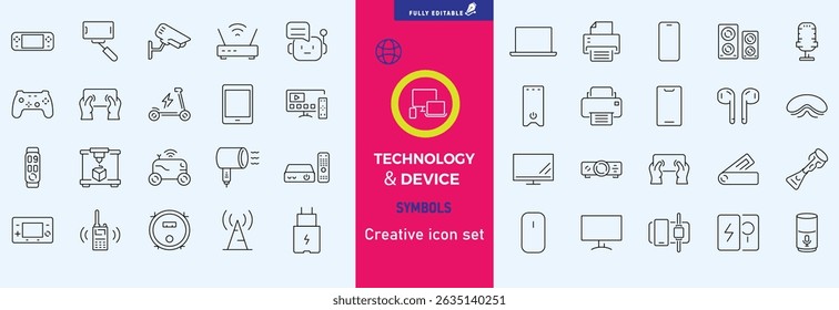 Electrónica y dispositivos iconos web en estilo de línea. Informática, red social, gestión, internet, red, programación, colección de conexión a Internet. Ilustración vectorial