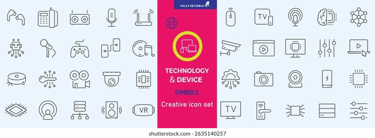 Ícones da Web de Eletrônicos e Dispositivos no estilo de linha. Computação, rede social, gerenciamento, internet, rede, programação, coleta de conexão com a Internet. Ilustração vetorial
