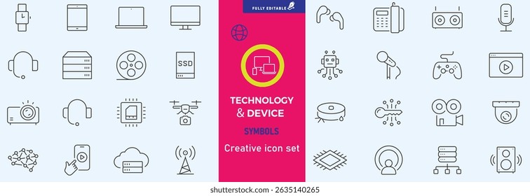 Electrónica y dispositivos iconos web en estilo de línea. Informática, red social, gestión, internet, red, programación, colección de conexión a Internet. Ilustración vectorial