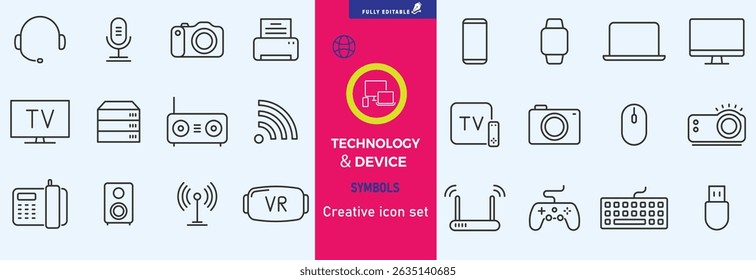 Electronics and Devices web icons in line style. Computing, social network, management, internet, network, programming, Internet connection collection. Vector illustration