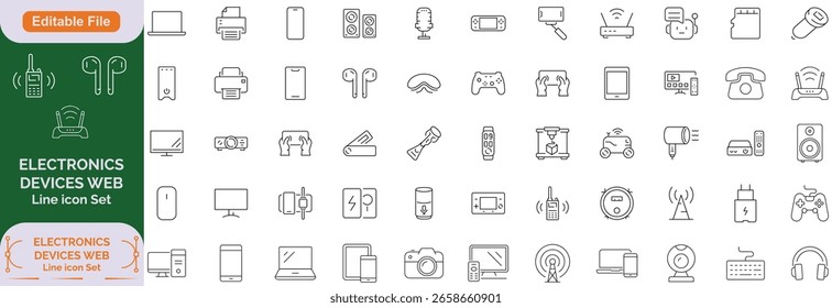 Ícones da Web de Eletrônicos e Dispositivos no estilo de linha. Computação, rede social, gerenciamento, internet, rede, programação, coleta de conexão com a Internet. Ilustração vetorial