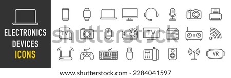Electronics and Devices web icons in line style. Computing, social network, management, internet, network, programming, Internet connection collection. Vector illustration.