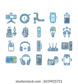 Electronics Digital Technology doodle icons set vector. Wireless Headphones Earbuds, Smart Speaker Projector, Gaming Mouse Keyboard, Streaming Player Key Finder sketch hand drawn