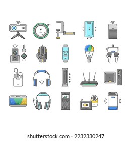 Electronics Digital Technology Icons Set Vector. Wireless Headphones And Earbuds, Smart Speaker And Projector, Gaming Mouse And Keyboard, Streaming Player And Key Finder Line. Color Illustrations