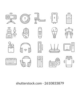 Electronics Digital Technology Icons Set Vector. Wireless Headphones And Earbuds, Smart Speaker And Projector, Gaming Mouse And Keyboard, Streaming Player And Key Finder Black Contour Illustrations