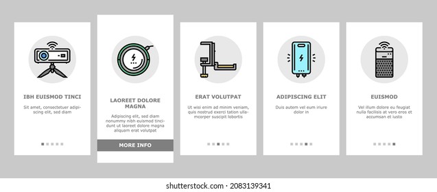 Electronics Digital Technology Onboarding Mobile App Page Screen Vector. Wireless Headphones And Earbuds, Smart Speaker And Projector, Gaming Mouse And Keyboard, Streaming Finder. Illustrations