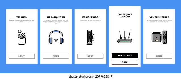 Electronics Digital Technology Onboarding Mobile App Page Screen Vector. Wireless Headphones And Earbuds, Smart Speaker And Projector, Gaming Mouse And Keyboard, Streaming Finder. Illustrations