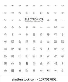 Electronics, electrical components, current, batteries. Minimalism vector symbols, line icons set for mobile and desktop screens design.