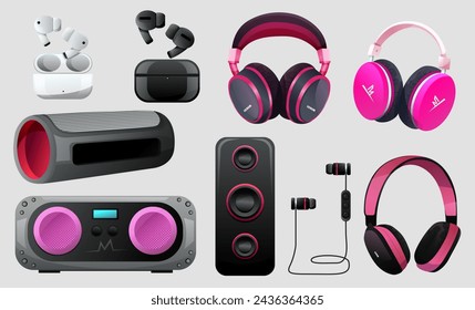 Electronics elements isolated set. Headphones, Wired and Wireless Earphones, Audio Equipment for Music Listening. Portable music column