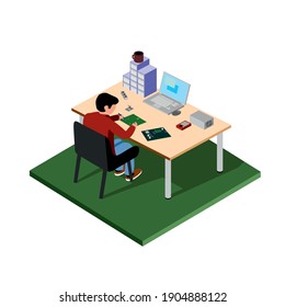 An electronics engineer sits at his desk. Vector image in isometry