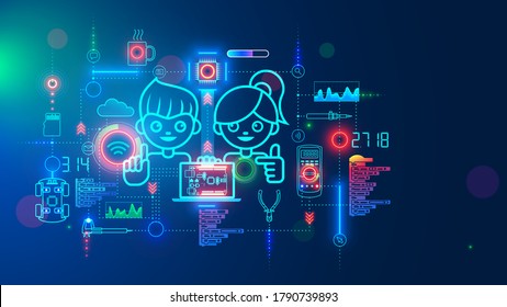 Electronics Engineering And Hardware Programming Learning For Teens. Boy And Girl Coding On Laptop In Online School For Child Education Of Creating Electronic Robots. Happy Kids On Science Lesson.