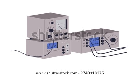 Electronics equipment. Physics laboratory devices. Electrical lab instruments for measurement, scientific research. Technical tools, appliances. Flat vector illustration isolated on white background