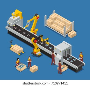 Electronics factory isometric composition with engineer monitoring robotic conveyor and workers stacking production into boxes vector illustration  