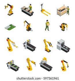 Electronics factory isometric elements with robotic machinery and conveyor of release product isolated decorative symbols vector illustration 