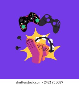 Electronics fix service concept. Serviceman repairs damaged remote control device. Broken joystick disassembled into pieces. Troubleshooting of console controller. Flat isolated vector illustration