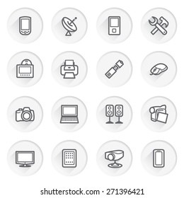 Electronics flat contour icons on gray buttons.