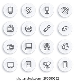 Electronics flat contour icons on white buttons.