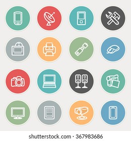Electronics flat contour icons on color buttons.