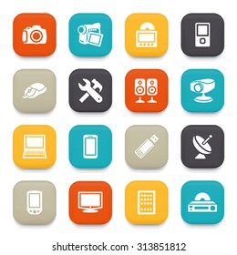 Electronics flat icons with color buttons.