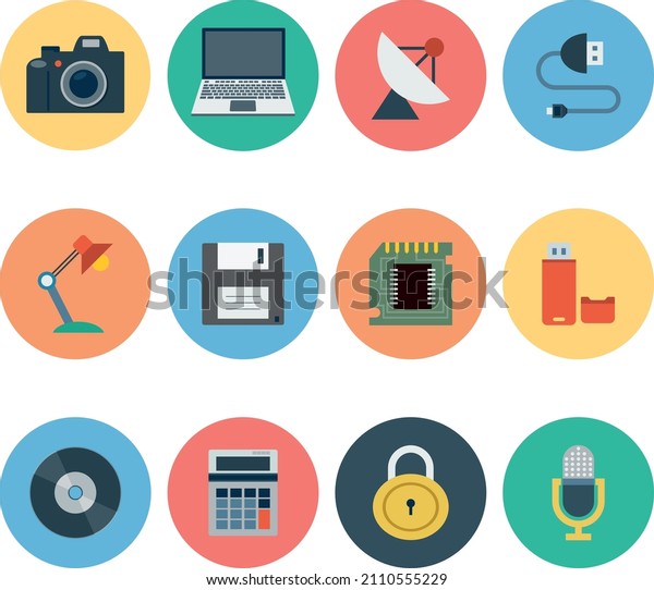 Electronics flat icons. usb and computer,\
camera and battery loudspeaker and speaker, vector illustration for\
web and mobile\
application