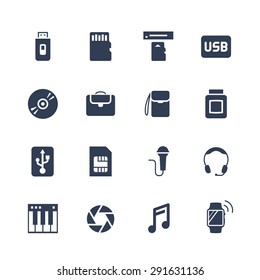 Electronics and gadgets icon set: flash drive, memory card, card reader, usb hdd, cd, laptop bag, camera bag, toner, sim card, microphone, headset, synthesizer, shutter, smart watch