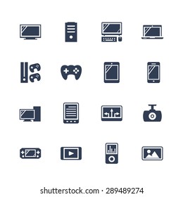 Electronics and gadgets icon set: monitor, case, monoblock, laptop, console, gamepad, tablet, smartphone, pc, reader, navigator, recorder, portable console, hd player, mp3 player, photo frame
