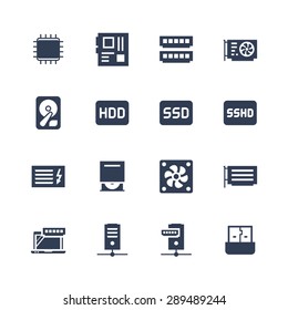 Electronics and gadgets icon set: processor, motherboard, RAM, video card, hdd, ssd, sshd, power unit, cd-rom, cooler, server, adapter