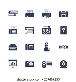 Electronics and gadgets icon set: surge suppressor, printer, shredder, multifunction device, fax, plotter, UPS, scanner, phone, projector, screen, photo camera, video camera, web camera