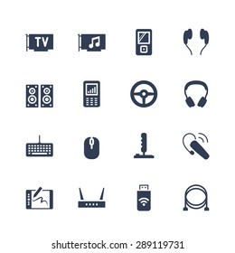 Electronics and gadgets icon set: TV tuner, audio card, mp4 player, headphones, audio system, recorder, game wheel, keyboard, mouse, joystick, headset, graphics tablet, router, usb modem, cables