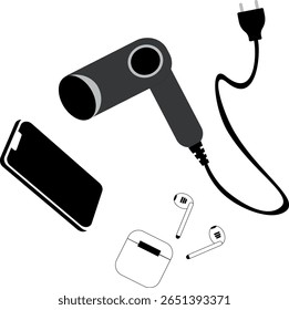 Electronics, hair dryer, phone and wireless headphones. Color black and white and gray. Vector illustration, icon ETS10