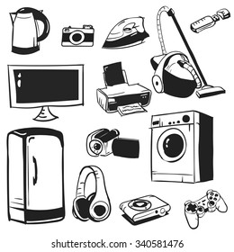 Electronics hand drawn, white goods, sketch icon set