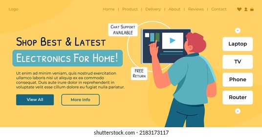 Electrónica para el hogar, compra los mejores y más modernos equipos para la casa. Hombre mirando laptops, tv, teléfonos y router para la vivienda en línea. Plantilla de página de inicio del sitio web, sitio de Internet. Vector de estilo plano
