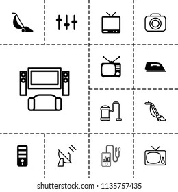 Electronics icon. collection of 13 electronics filled and outline icons such as iron, cpu, tv, equalizer, tv, vacuum cleaner. editable electronics icons for web and mobile.