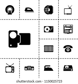 Electronics icon. collection of 13 electronics filled icons such as iron, tv, dvd player, record player, camera, radiator. editable electronics icons for web and mobile.