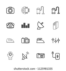 Electronics icon. collection of 16 electronics outline icons such as desk phone, iron, vacuum cleaner, satellite, equalizer. editable electronics icons for web and mobile.