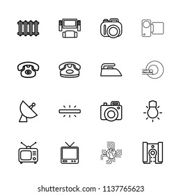 Electronics icon. collection of 16 electronics outline icons such as desk phone, iron, camera, tv system, satellite, tv, tv. editable electronics icons for web and mobile.