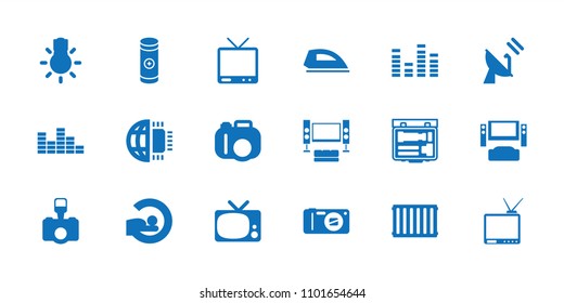 Electronics icon. collection of 18 electronics filled icons such as camera, tv system, mri, tv, equalizer, battery, camera bulb. editable electronics icons for web and mobile.