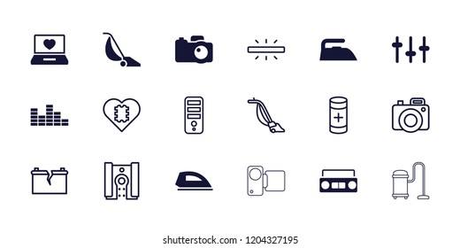 Electronics icon. collection of 18 electronics filled and outline icons such as laptop with heart, equalizer, camera. editable electronics icons for web and mobile.