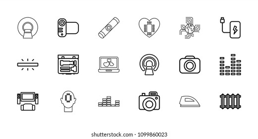 Electronics icon. collection of 18 electronics outline icons such as tv system, mri, camera, equalizer, radiator, battery, iron. editable electronics icons for web and mobile.