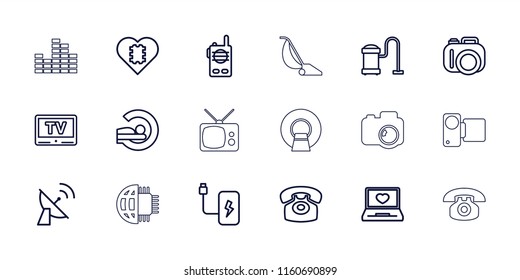 Electronics icon. collection of 18 electronics outline icons such as vacuum cleaner, camera, mri, cpu in heart. editable electronics icons for web and mobile.