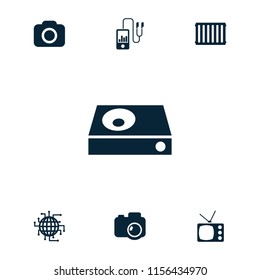 Electronics icon. collection of 7 electronics filled icons such as dvd player, camera, radiator, cpu planet, tv. editable electronics icons for web and mobile.
