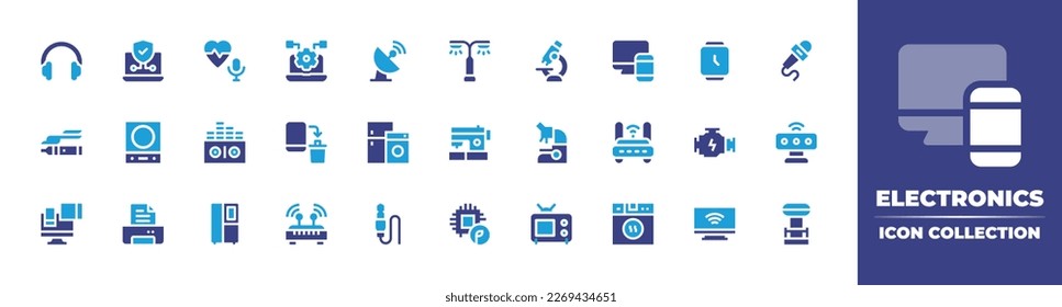 Colección de iconos de electrónica. Color de duotona. Ilustración vectorial. Con auriculares, ip, podcast, digital, satélite, luz de la calle, microscopio, sensible, reloj inteligente, micrófono.