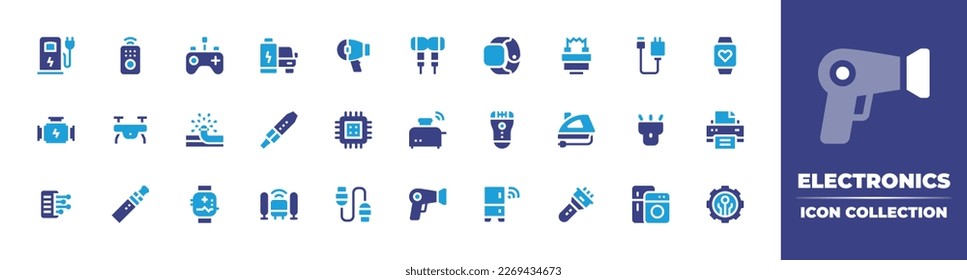 Electronics icon collection. Duotone color. Vector illustration. Containing electric car, remote control, car battery, hair dryer, earphones, smart watch, insulator, charger, heart rate, engine.