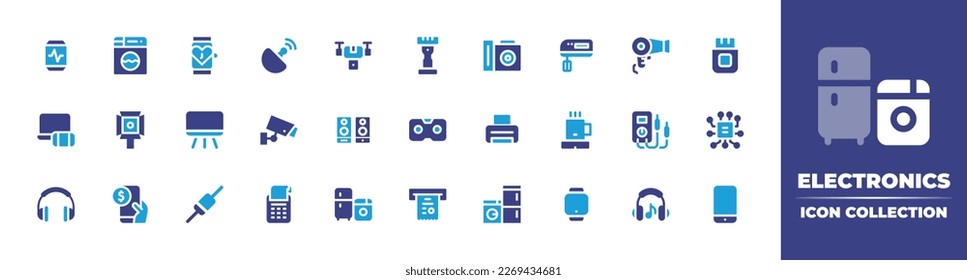 Electronics icon collection. Duotone color. Vector illustration. Containing smartwatch, washing machine, satellite, camera drone, electric razor, digital camera, mixer, dryer, flash drive.