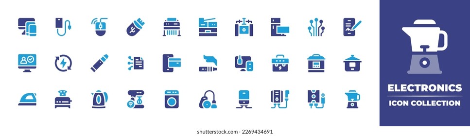 Electronics icon collection. Duotone color. Vector illustration. Containing device, mouse, usb drive, paper shredder, copy machine, steadycam, electronics, electrical circuit, digital, information.