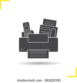 Electronics icon. Drop shadow pictogram. Printer, telephone and fax modern electronic equipment. Isolated black illustration. Logo concept. Vector silhouette symbol