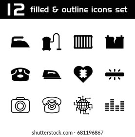 Electronics icon. set of 12 electronics filled and outline icons such as desk phone, iron, vacuum cleaner, equalizer, camera, radiator, broken battery, cpu in heart