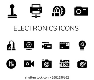 electronics icon set. 14 filled electronics icons.  Simple modern icons such as: Joystick, Printer, Tomography, Camera, Controller, Vacuum, Television, Photo camera, Lightbulb